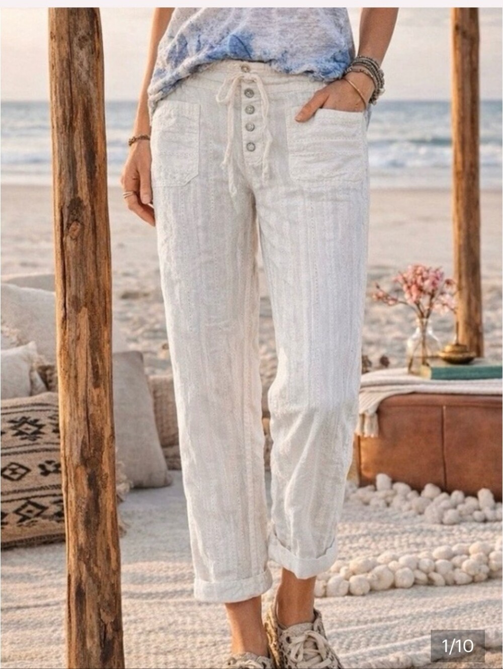 Sundance Eyelet White Pants Button Up Gigi 100% Cotton Large
